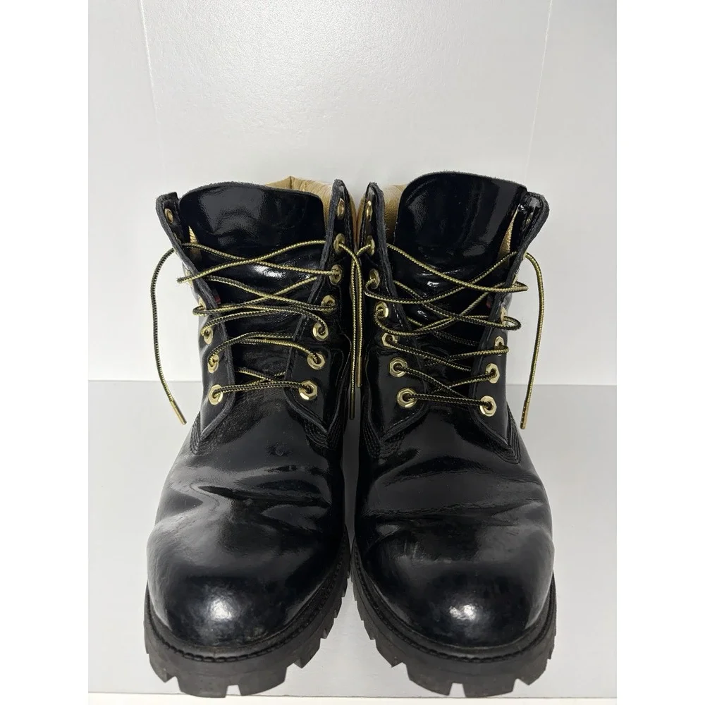Timberland 6 Inch Boots Mens 10.5 Wide Black Patent Gold PrimaLoft 400g